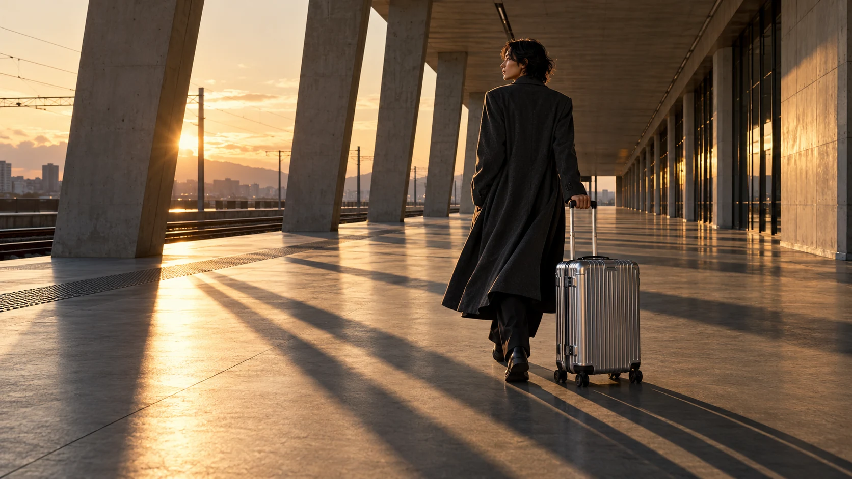 Traveller with grooved silver luggage crossing a station platform
