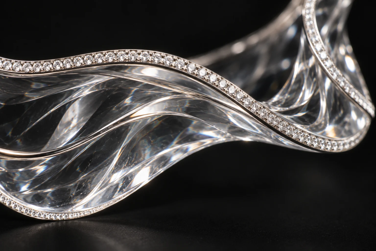 Macro detail of crystalline ripple edge and discreet pavé diamonds