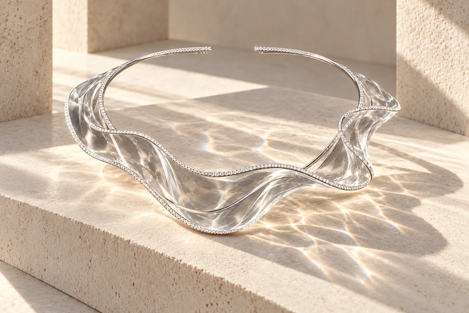 Transparent crystal necklace casts a luminous ripple on pale stone