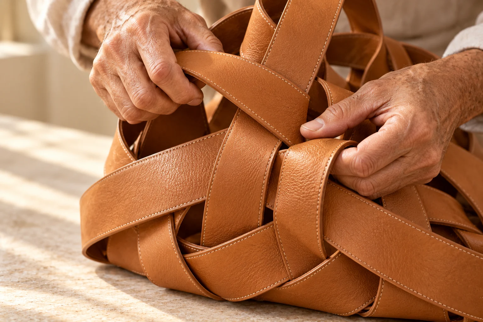Artisan hands weaving supple leather strips with visible material detail