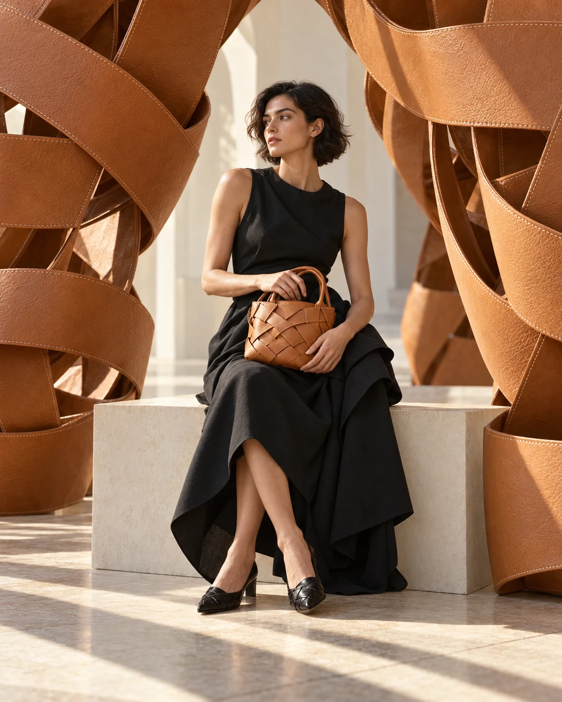 A realistic fashion portrait within a monumental woven leather set
