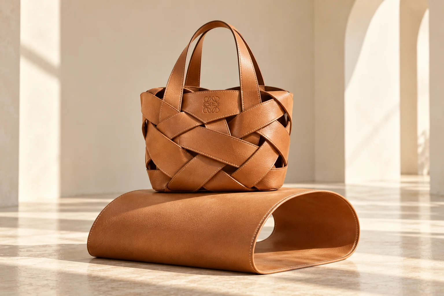 Full woven leather bag resting on a sculptural leather strip plinth
