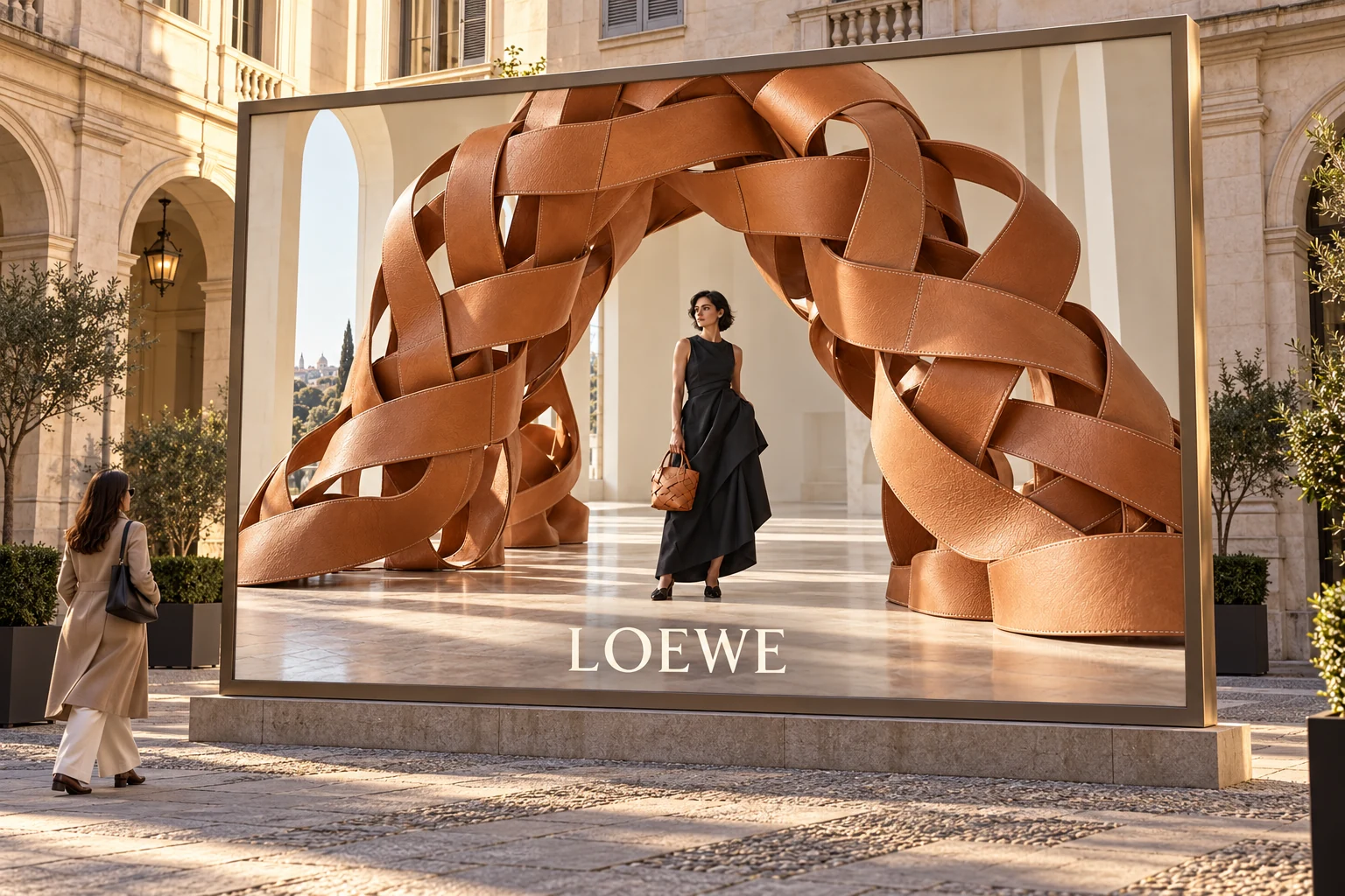 LOEWE campaign billboard featuring the woven architecture art direction