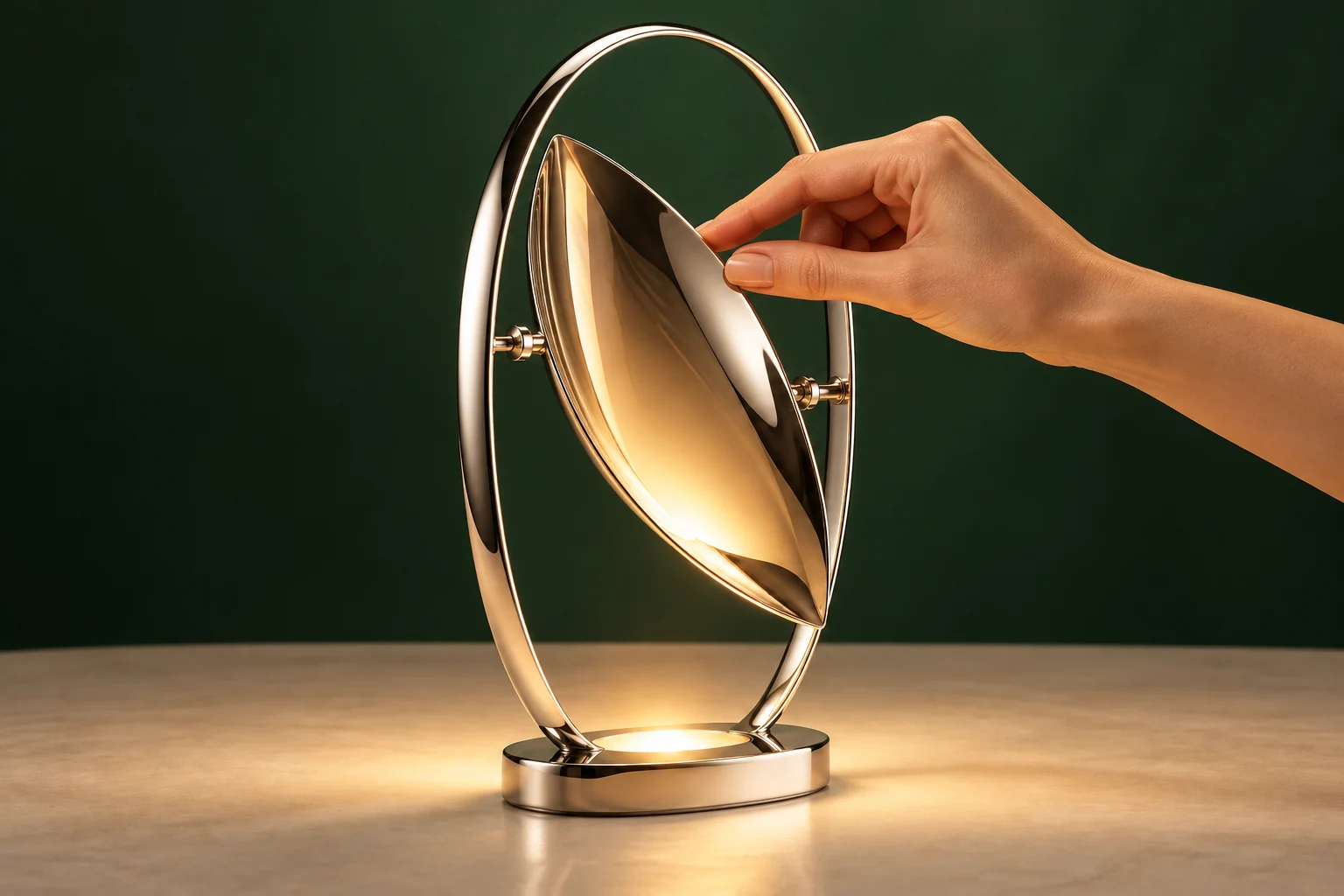 A hand gently tilts the silver petal reflector