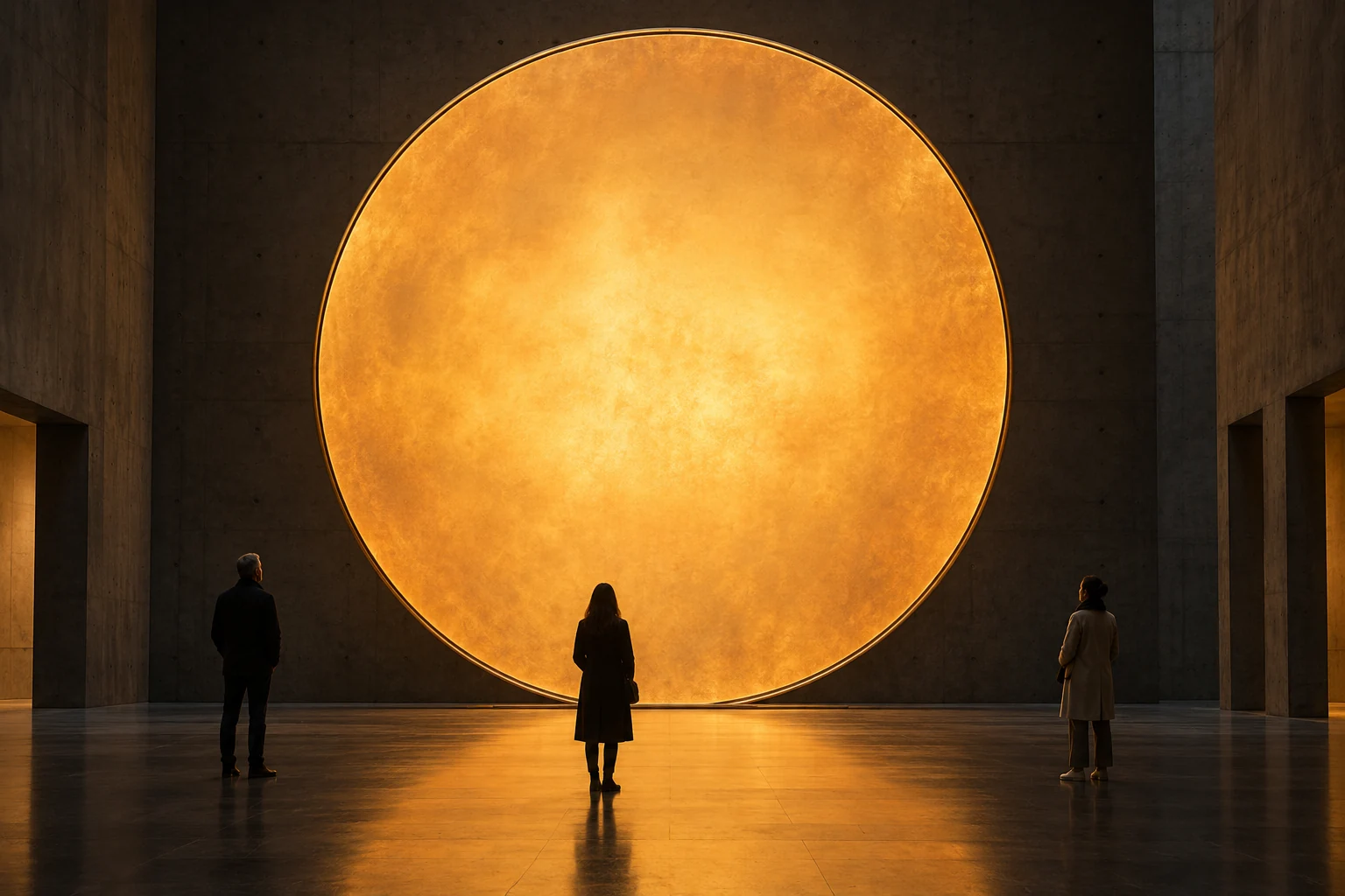 Aperture: a monumental luminous amber disc seen from the front