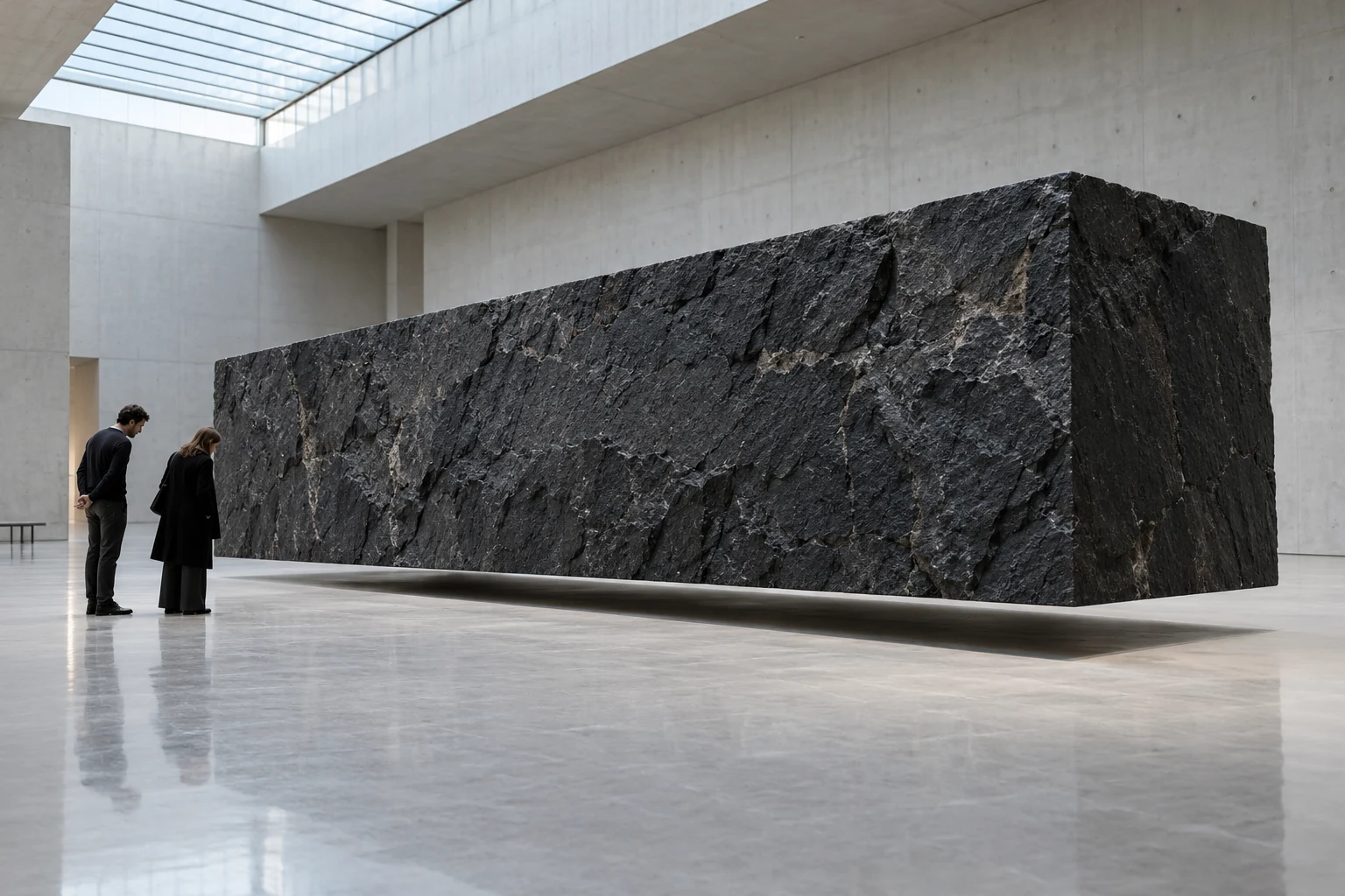 Counterweight: a basalt monolith held over a thin mirrored gap