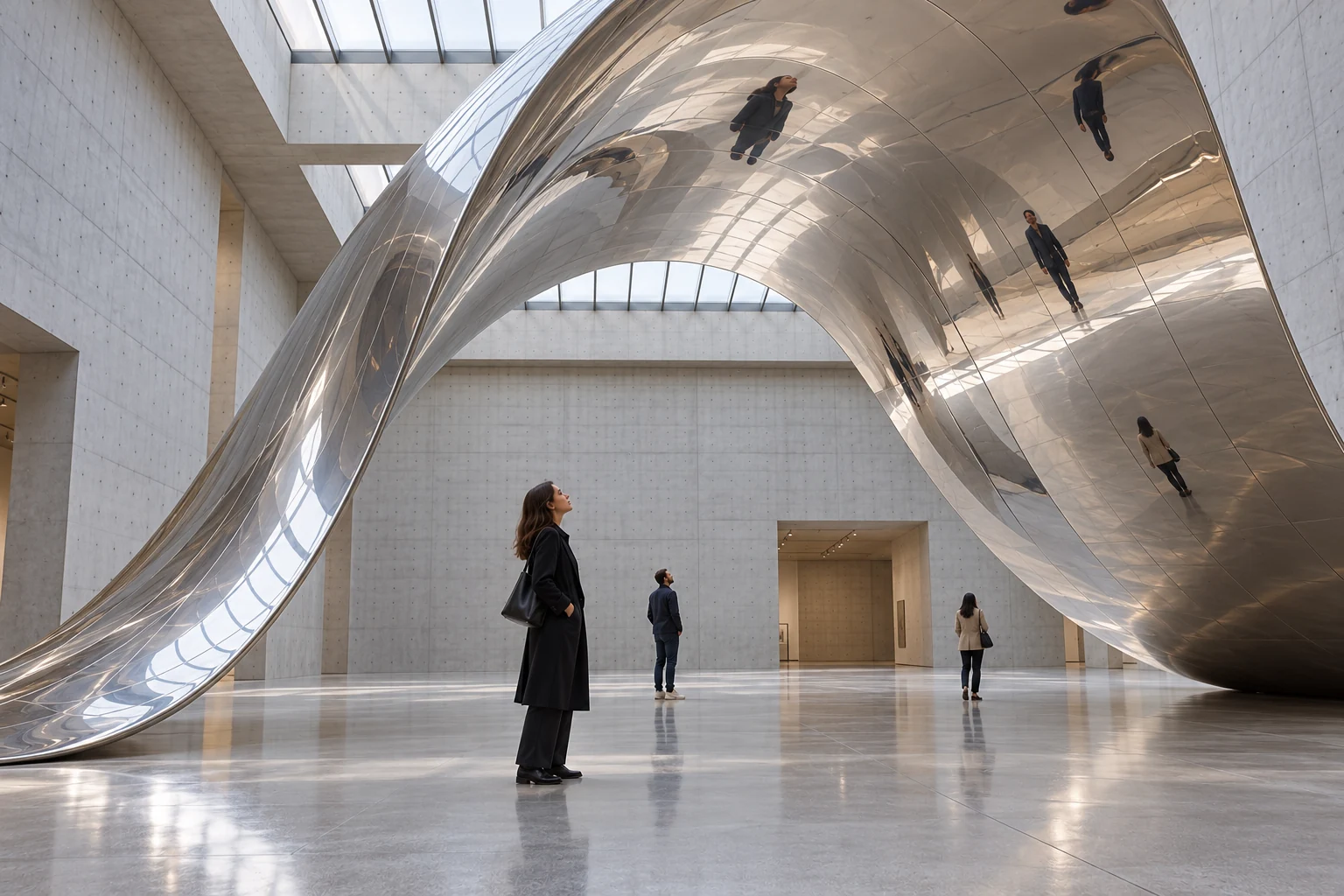 Visitors beneath Tide, reflected in the continuous mirror wave