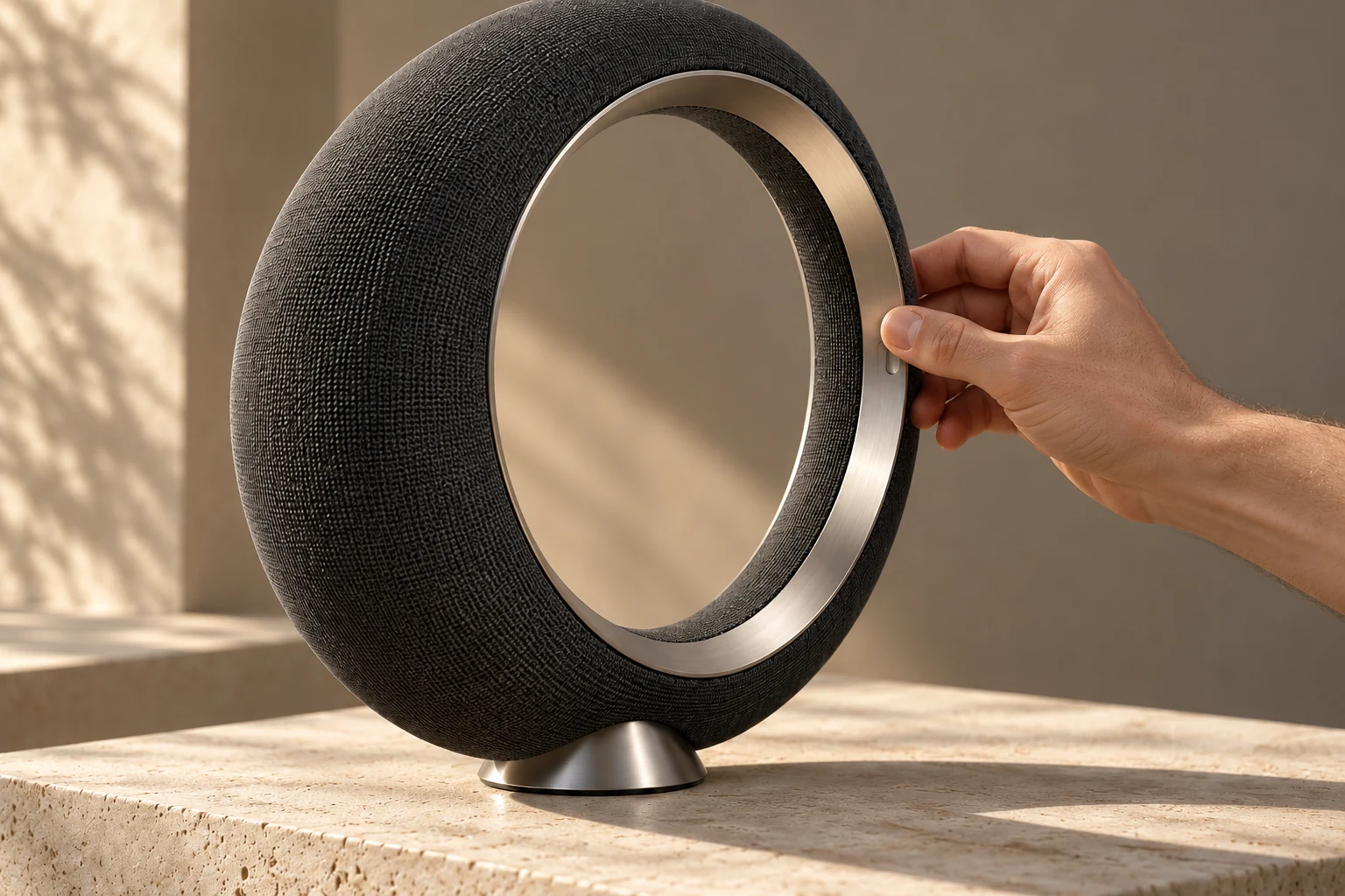 A realistic hand turns the continuous inner aluminium ring