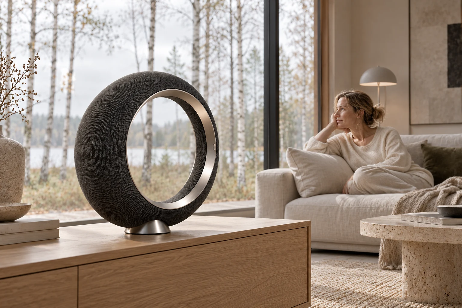 Still as a sculptural audio object in a Nordic home with a real listener