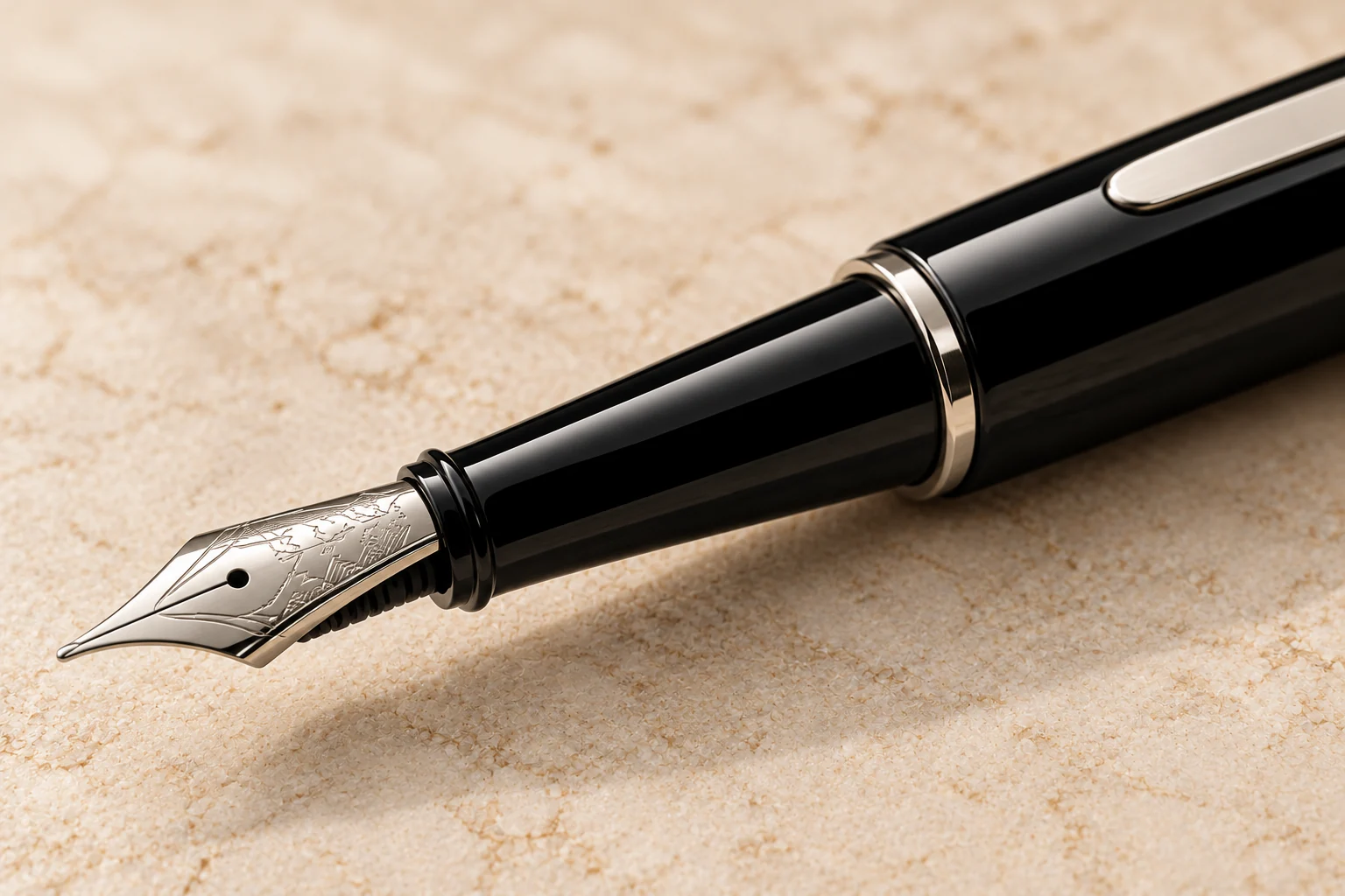 Trait fountain pen nib and polished black lacquer with a precise palladium line