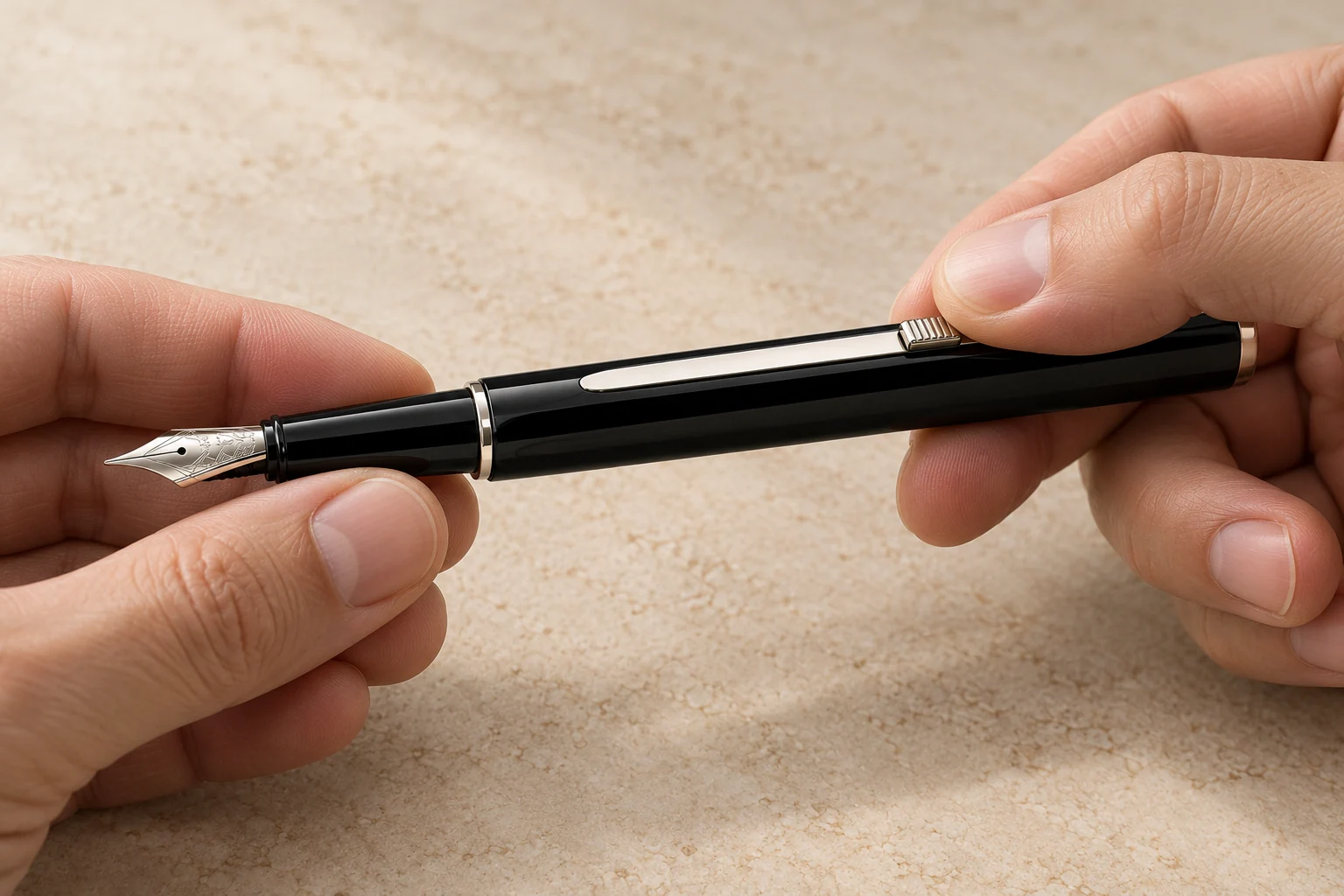 Thumb operating the sliding palladium rail to extend the pen