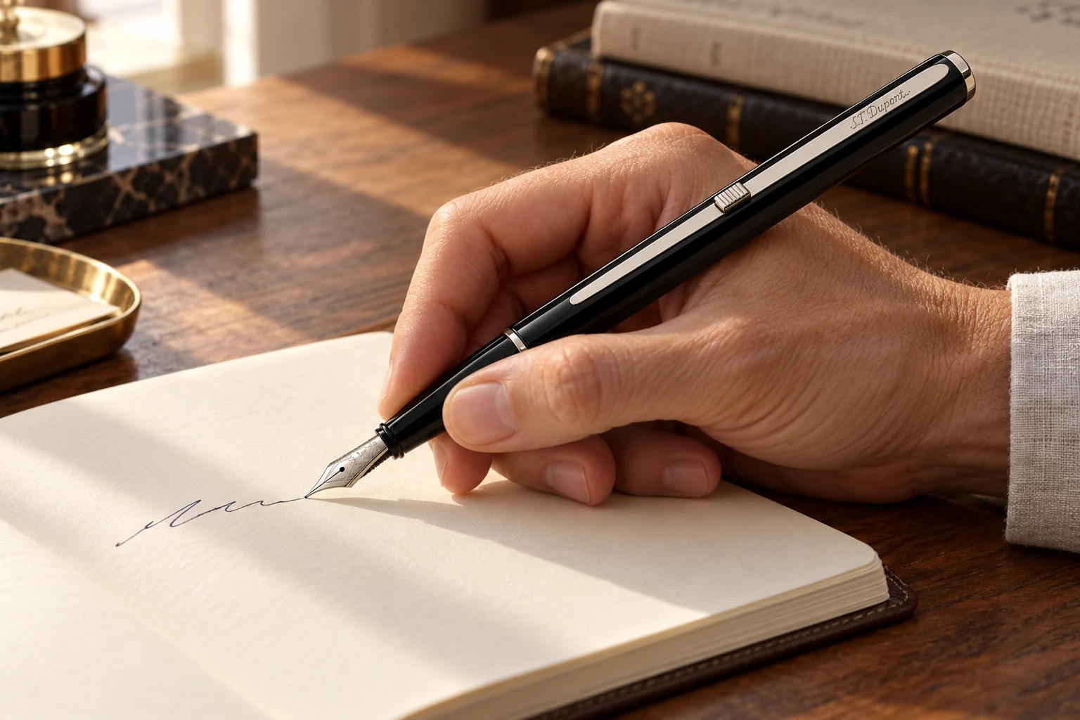 The extended writing instrument in a believable human writing gesture