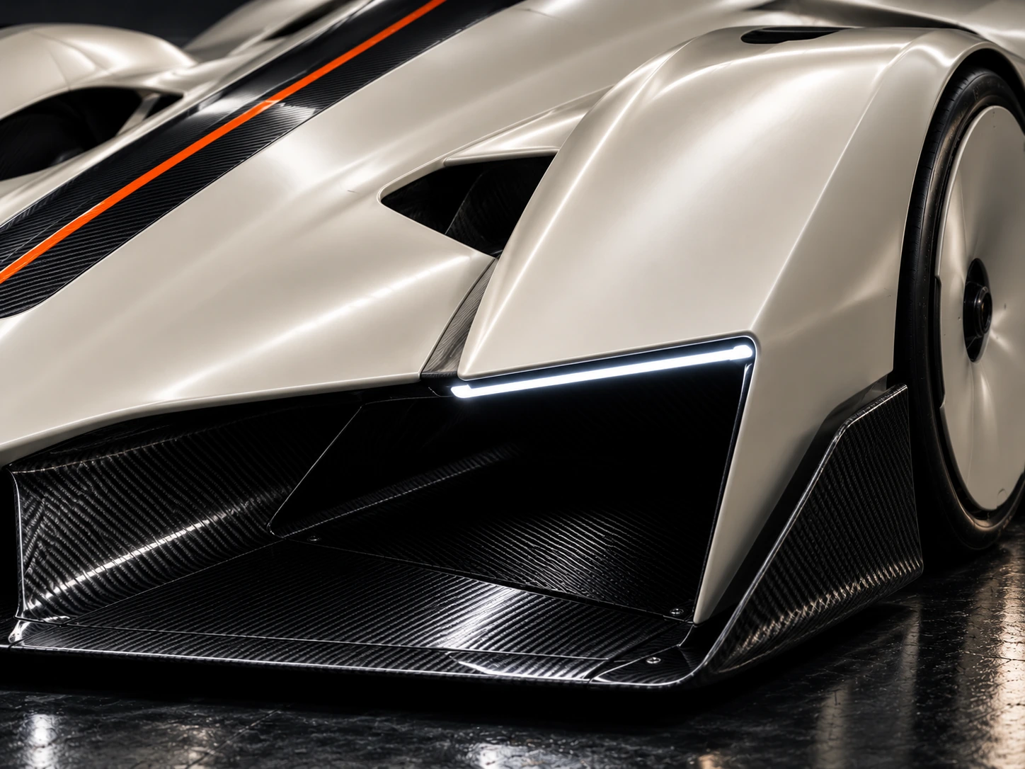 Close view of ivory bodywork, a white light blade and woven-carbon aerodynamic channels