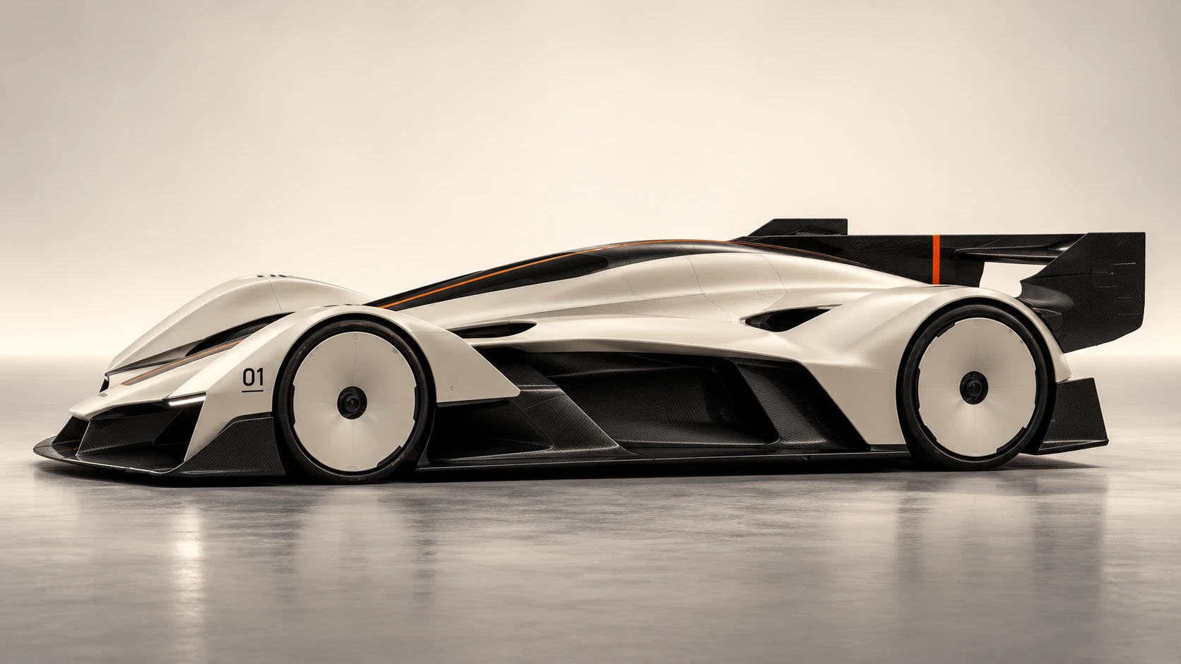 Full side profile of the R.01, with a low central spine, ivory wheel arches and exposed carbon air channels