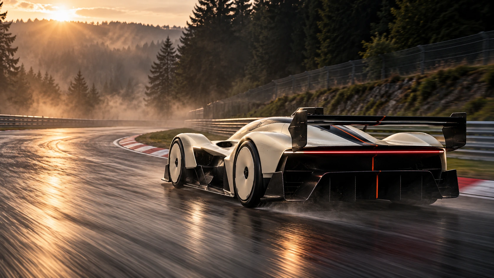 Rear three-quarter view of the KERN R.01 on a forest circuit at dawn