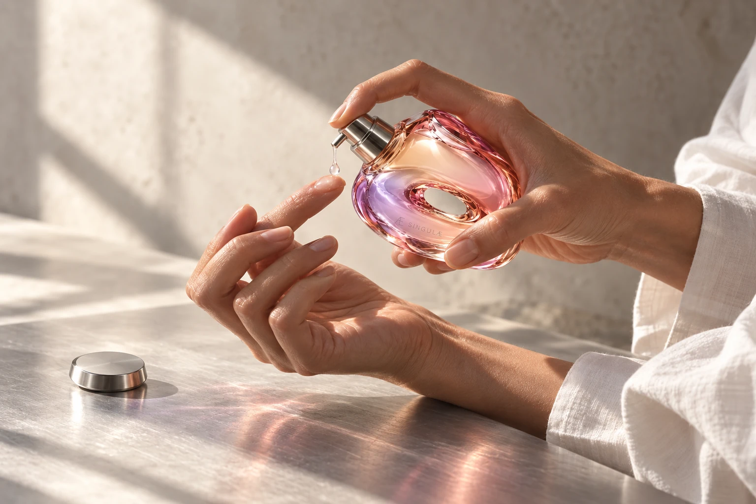 Hands dispensing a drop of serum from the multicoloured SINGULÆ vessel onto a fingertip