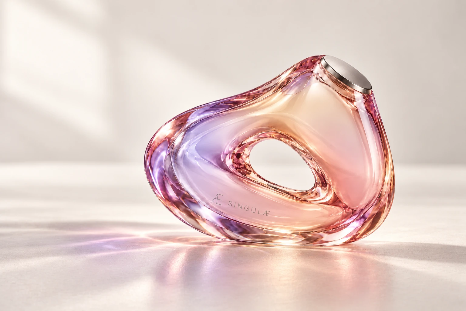 Sculptural skincare vessel with rose, peach and lilac within one piece of glass