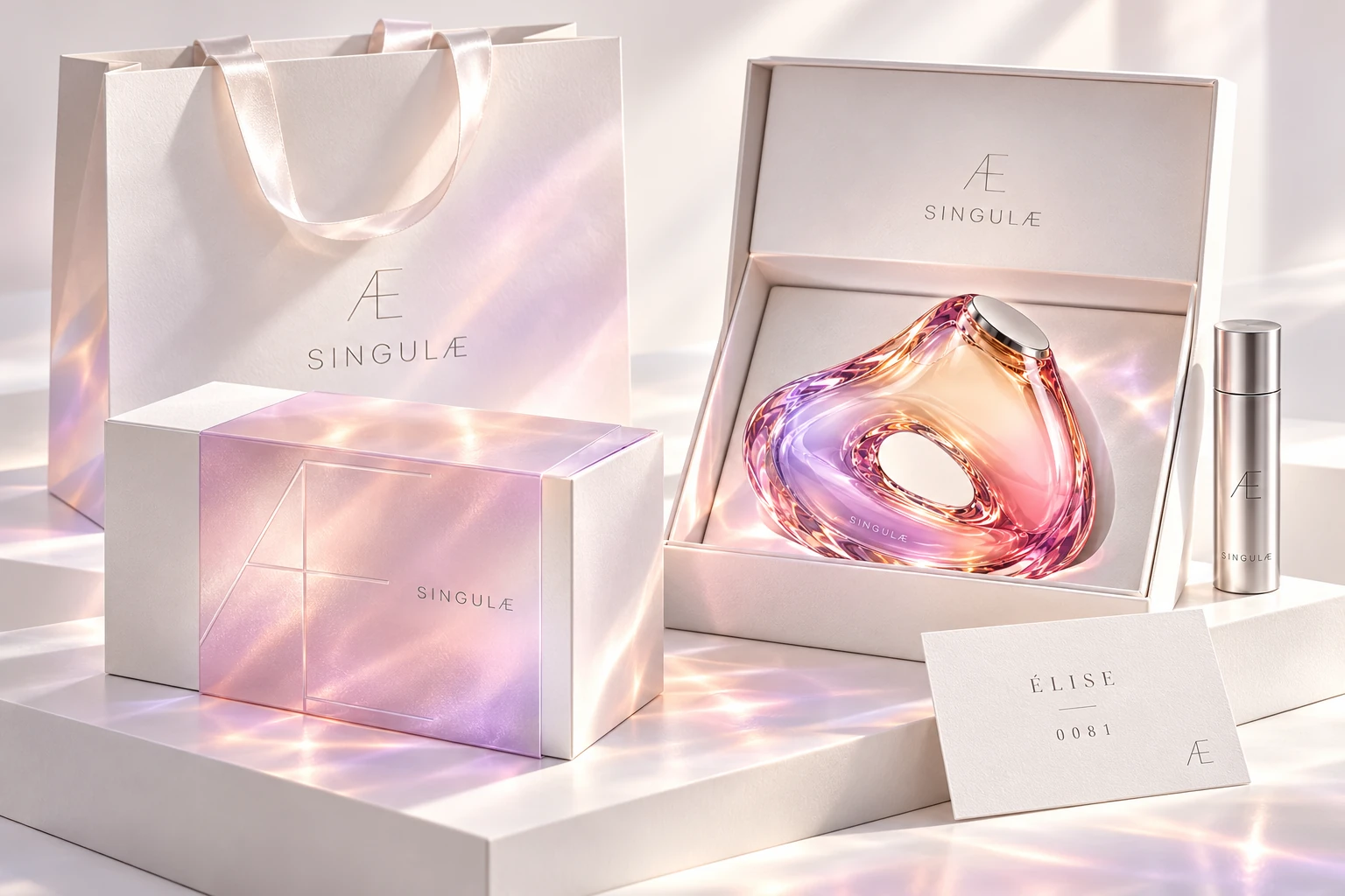 SINGULÆ packaging concept: pearlescent sleeve, embossed box, multicoloured vessel, silver travel format and personal edition card