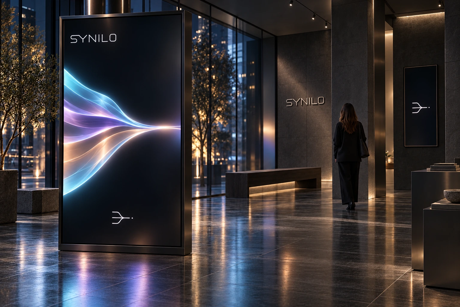 SYNILO night-time experience space, with graphite walls and three luminous streams uniting on a dark display