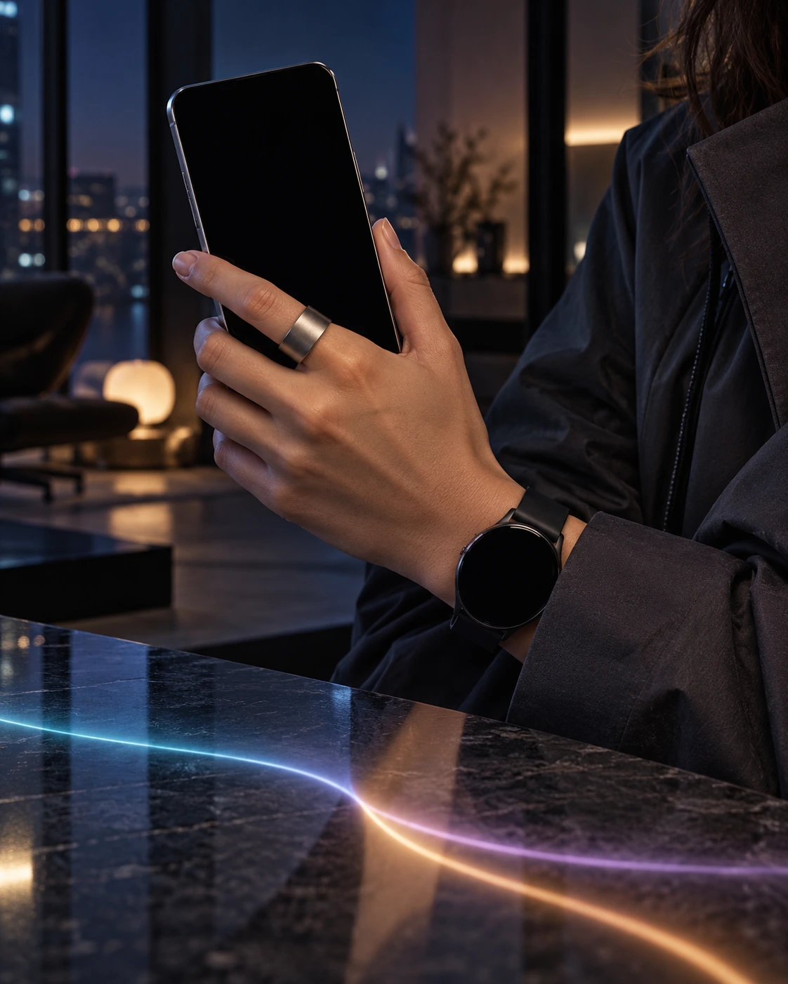 A hand holding a smartphone with a smart ring and watch in a quiet night-time setting