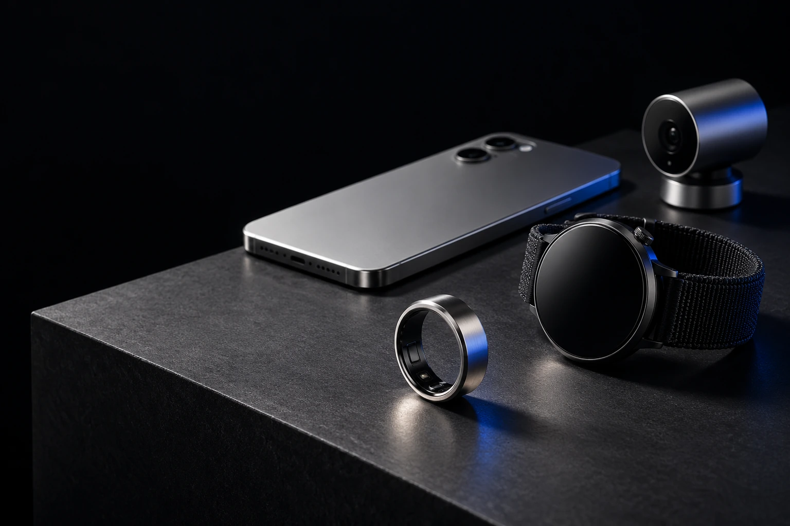 A smart ring, watch, smartphone and camera arranged on a dark architectural surface