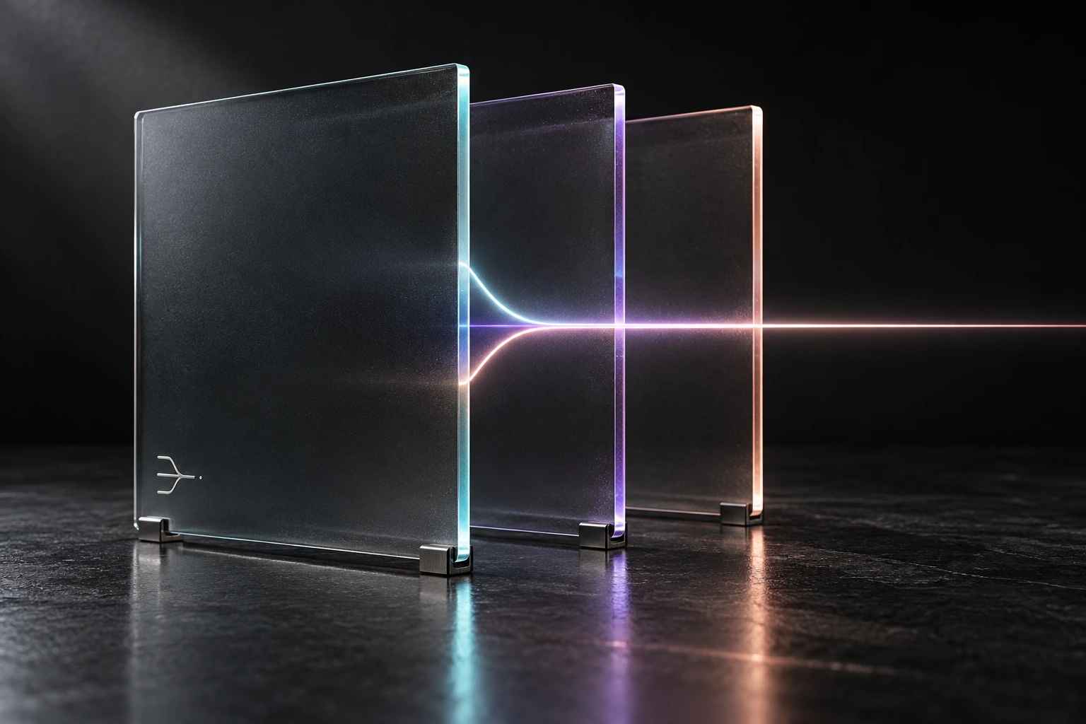 Three illuminated glass layers resolve into one shared line
